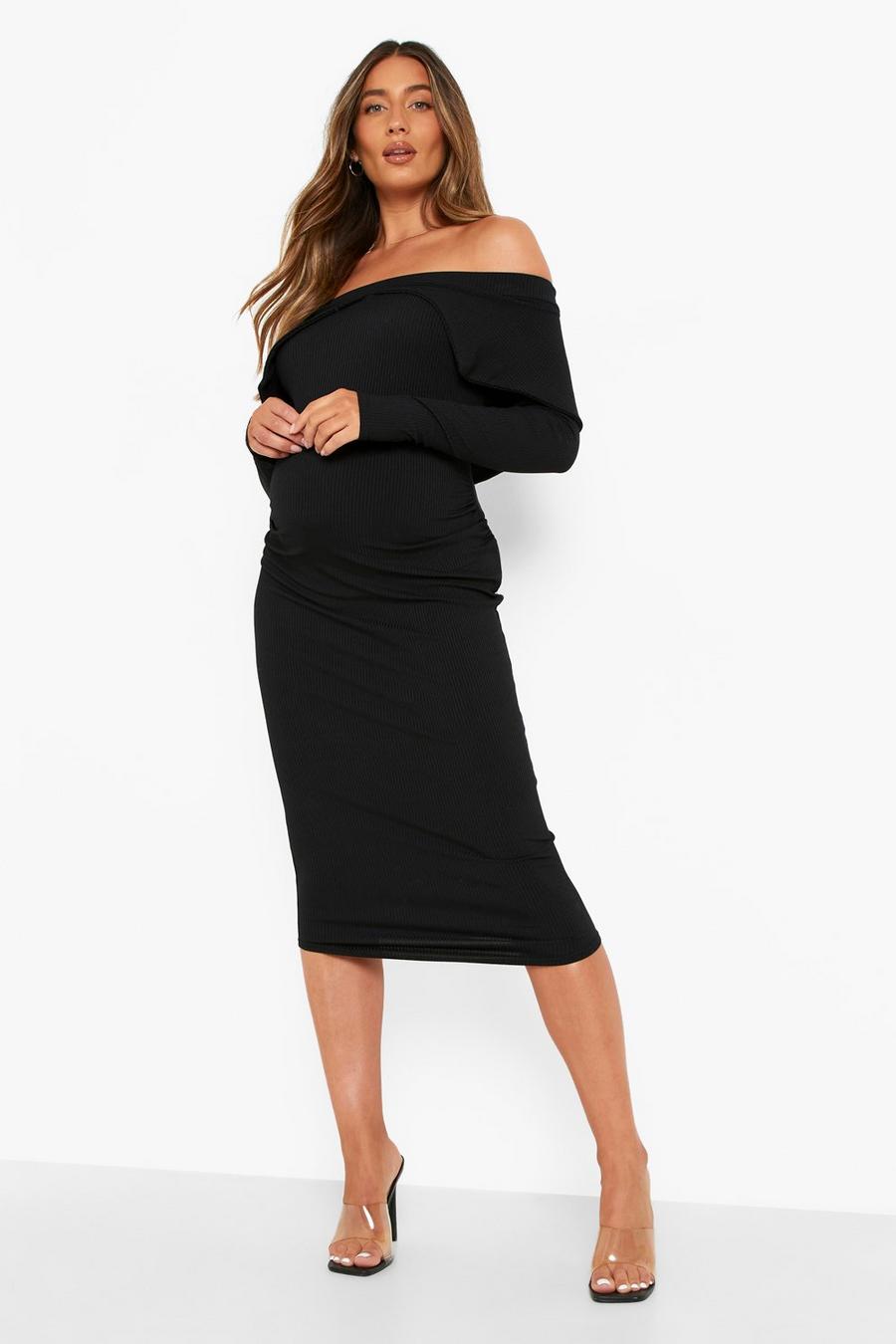 Black Maternity Rib Fold Over Midi Dress image number 1
