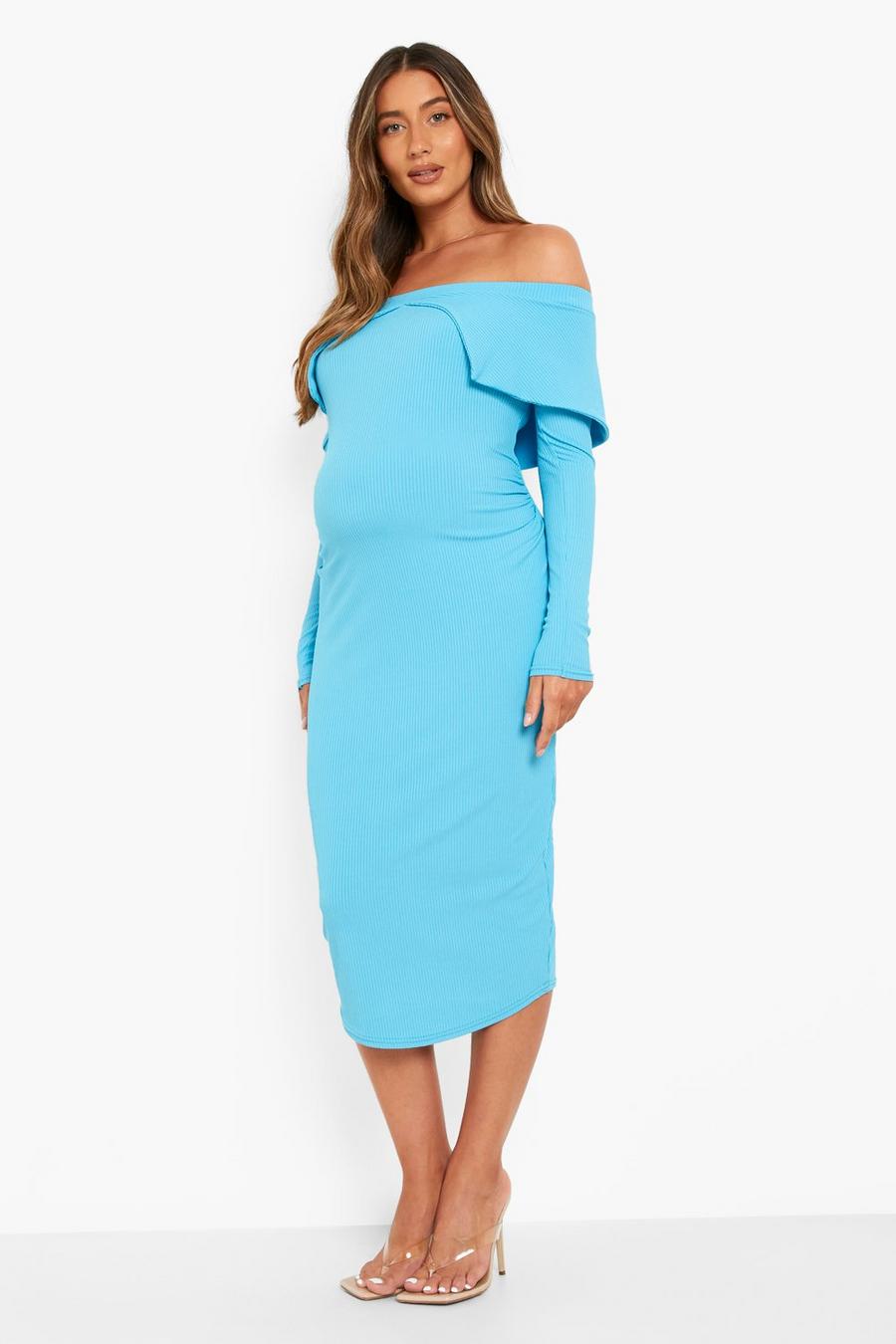 Blue Maternity Rib Fold Over Midi Dress image number 1