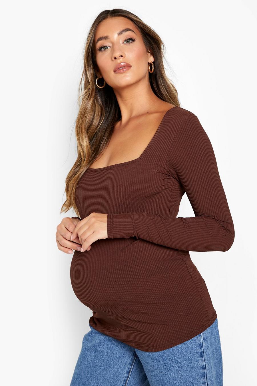 Chocolate Maternity Rib Square Neck Top image number 1
