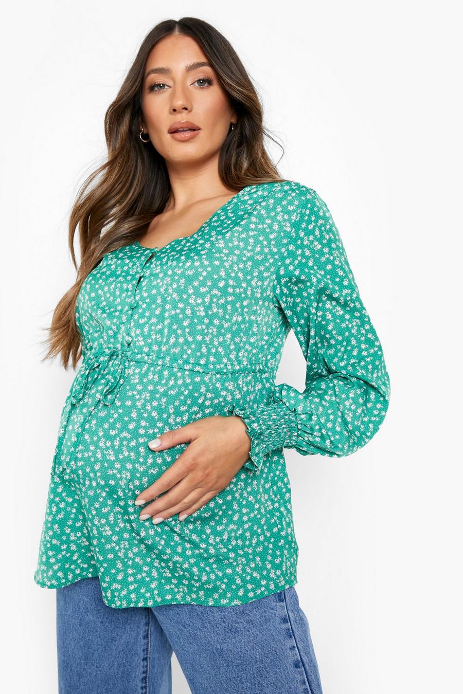 Green Maternity Floral Button Front Tie Blouse image number 1