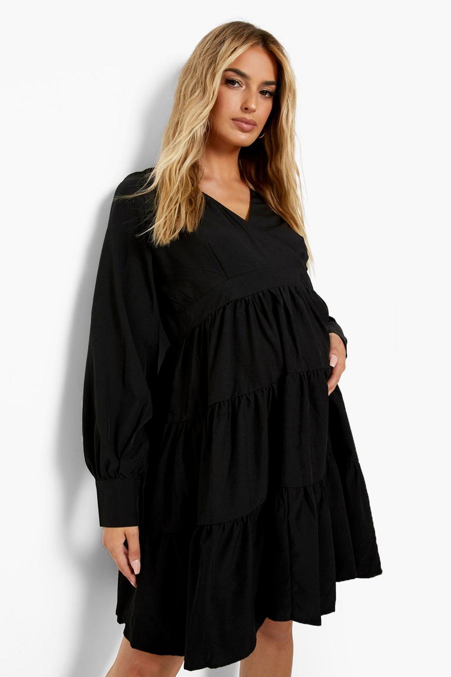 Black Maternity Wrap Tiered Mini Dress image number 1