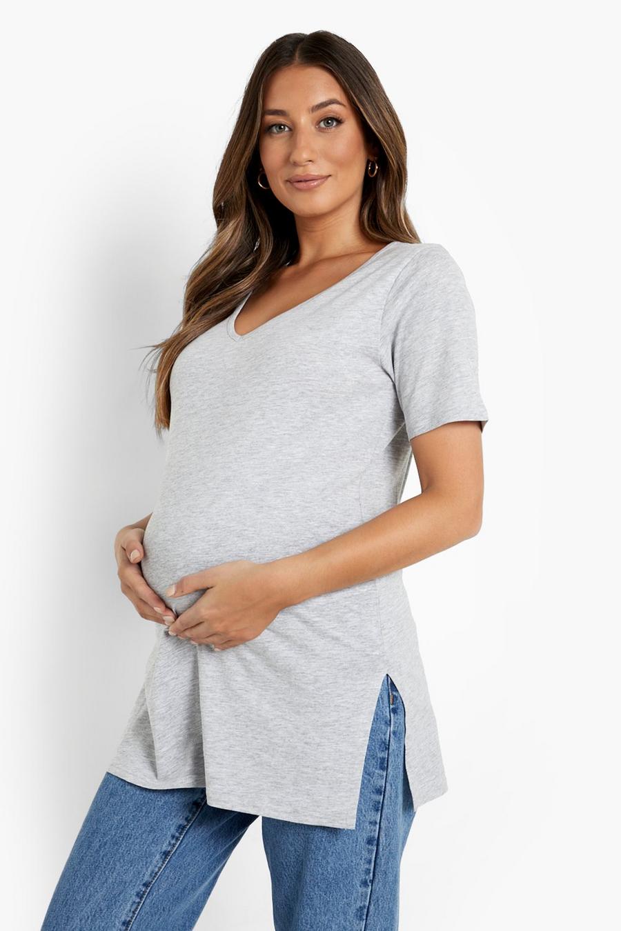 Grey marl Maternity V Neck Side Split T-shirt image number 1