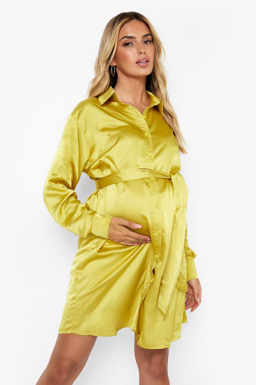 Lime Maternity Tie Waist Satin Shirt Dress image number 1