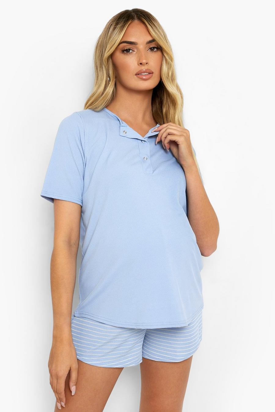 Pijama Premamá de lactancia de canalé con rayas, Blue image number 1