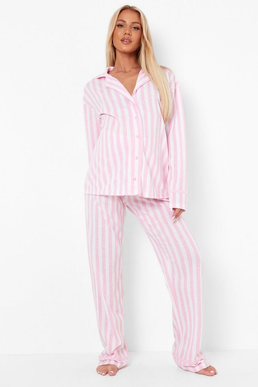 Pijama Premamá largo de tela jersey con estampado de rayas caramelo, Baby pink image number 1