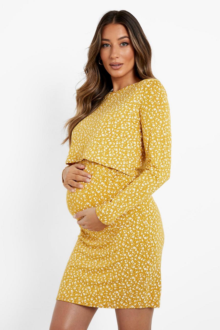 Maternité - Robe d'allaitement moulante à manches longues, Mustard image number 1