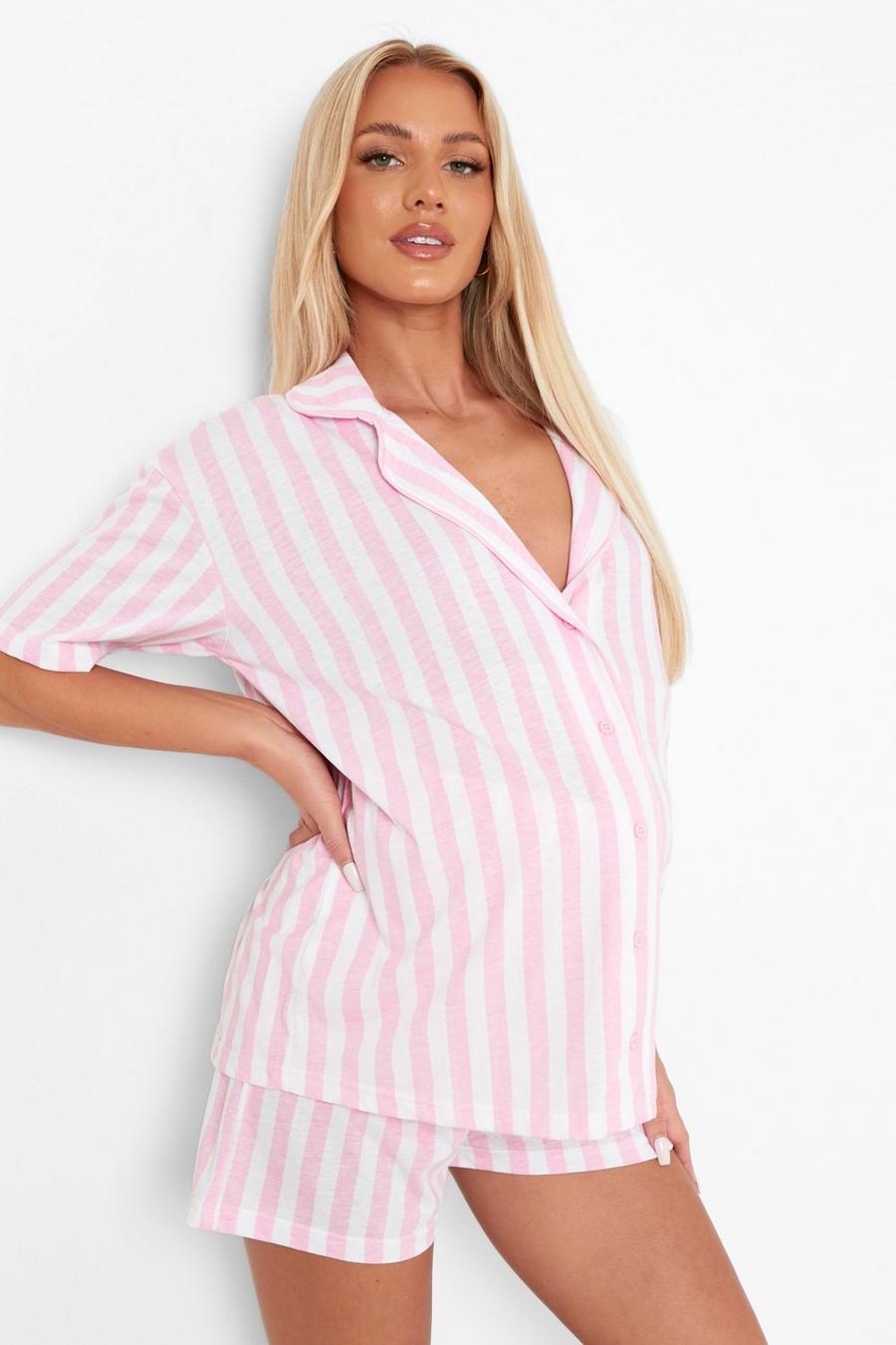 Pijama Premamá corto de tela jersey con rayas caramelo, Baby pink image number 1