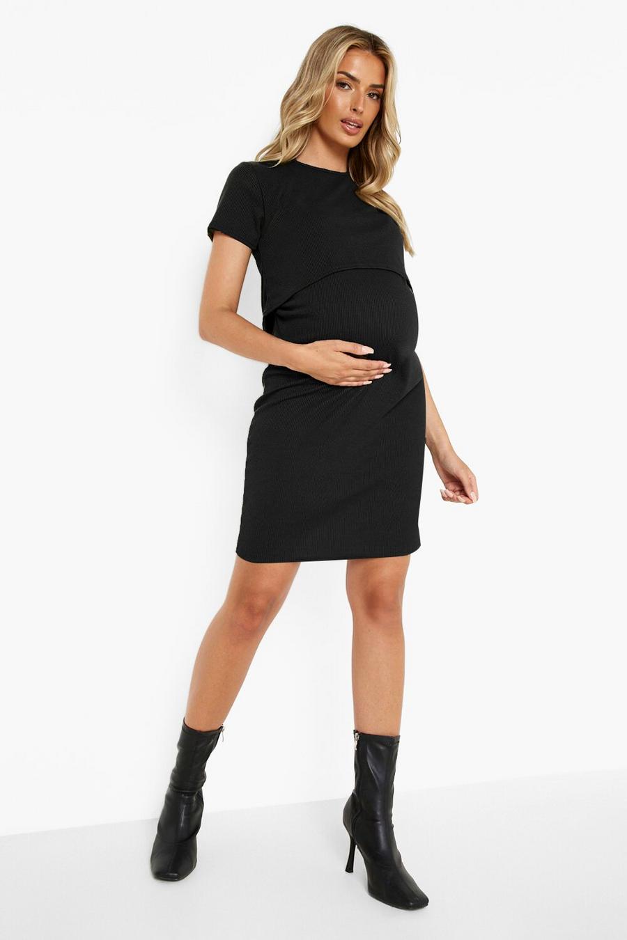 Black Maternity Rib Nursing Bodycon Dress image number 1