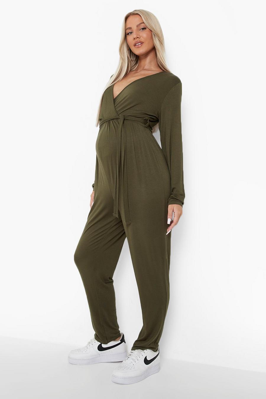 Khaki Maternity Long Sleeve Wrap Front Jumpsuit image number 1