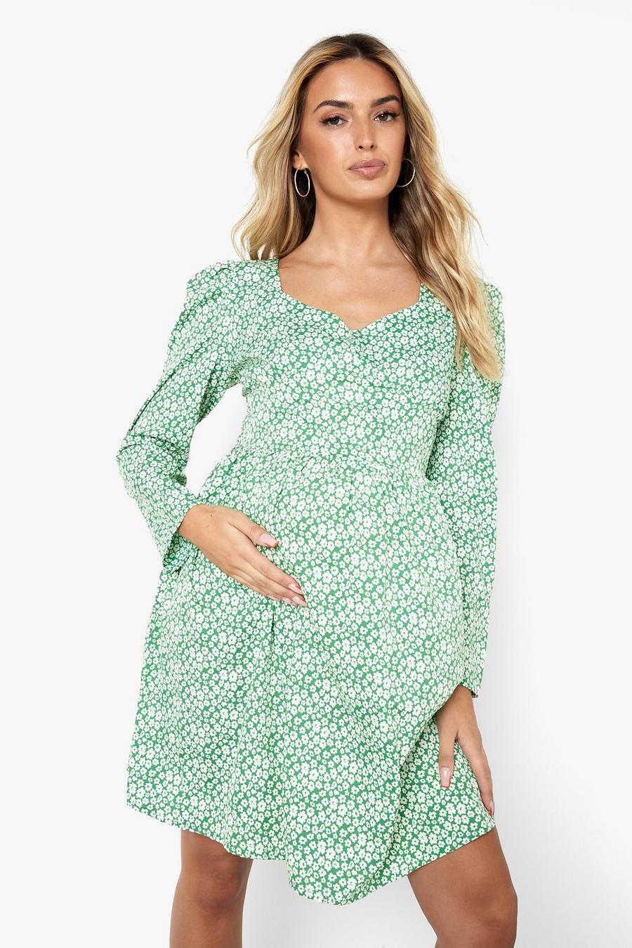 Green Maternity Ditsy Puff Sleeve Smock Dress image number 1