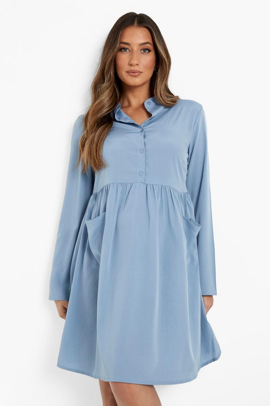 צבע עופרת שמלת סמוק עם כיס וכפתורים בחזית בגדי היריון image number 1