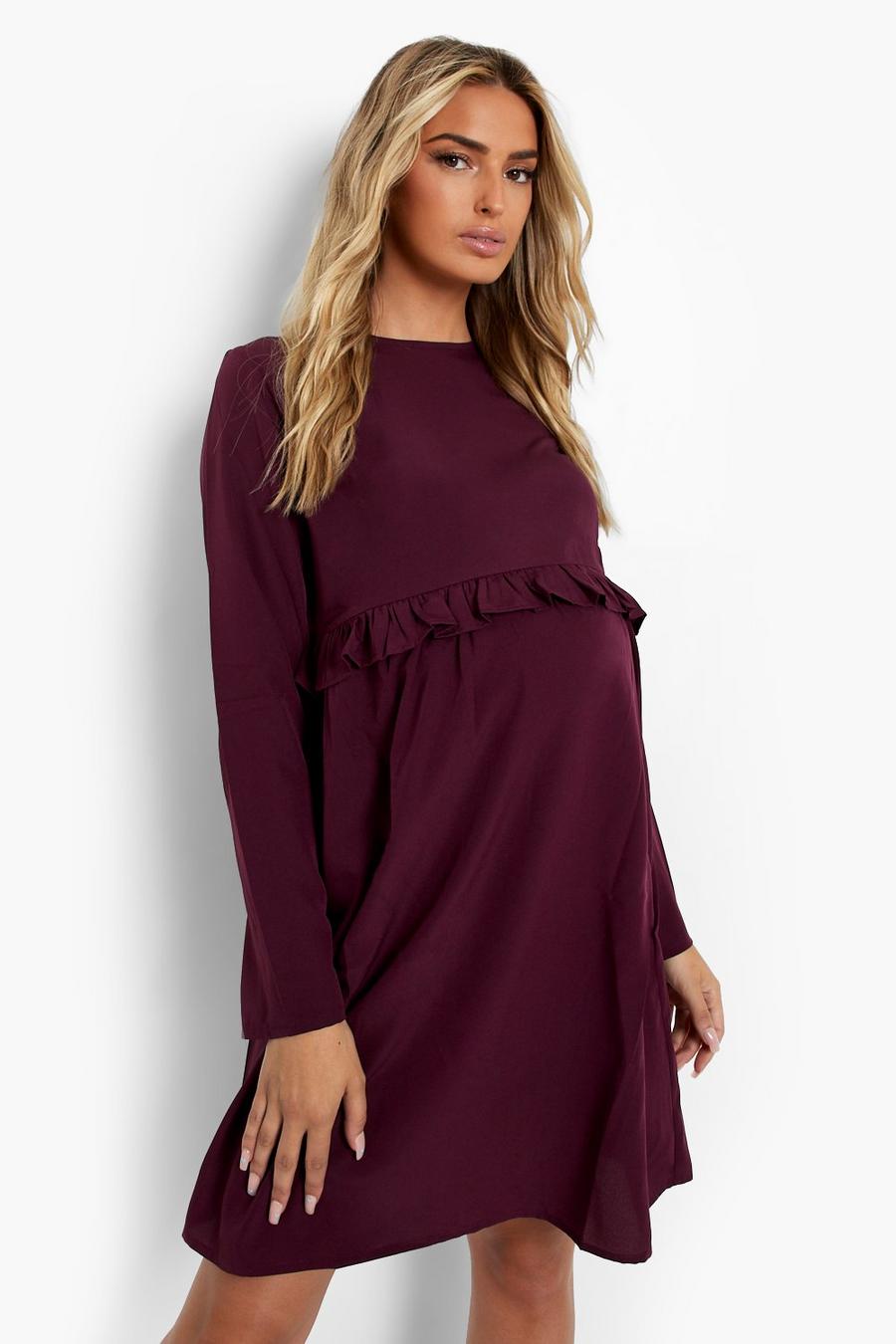 Berry red Maternity Long Sleeve Smock Dress