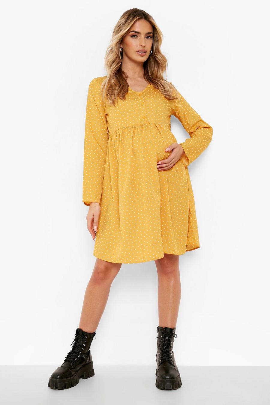 Mustard Materinty Polka Button Down Smock Dress image number 1