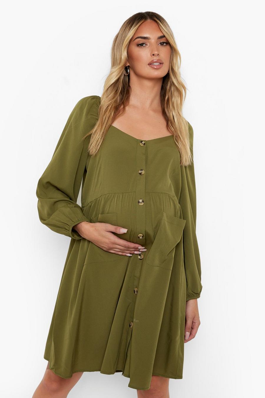 Khaki Maternity Button Long Sleeve Smock Dress image number 1