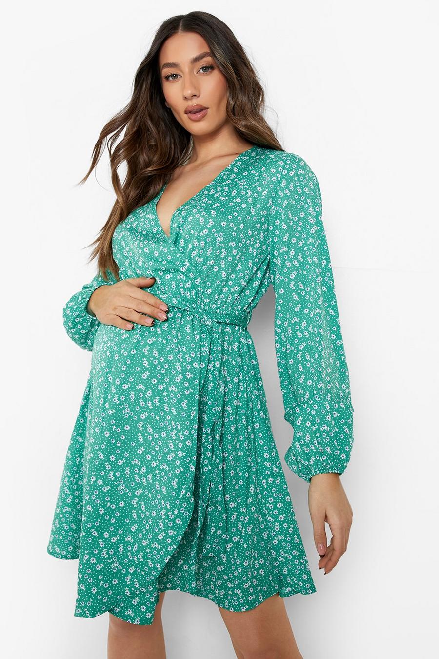 Green Maternity Ditsy Wrap Skater Dress image number 1