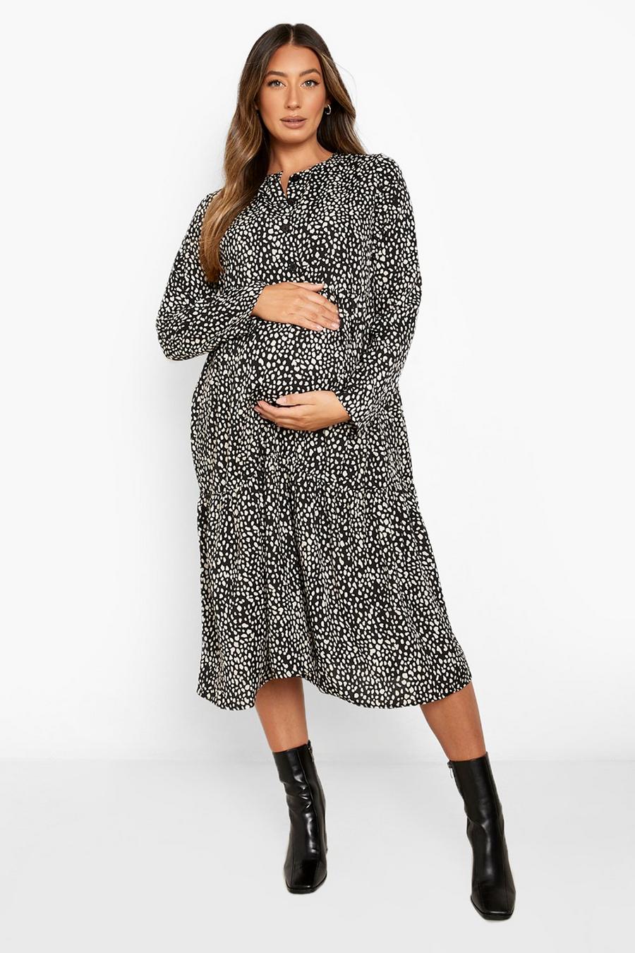 Black Maternity Button Front Midi Smock Dress image number 1
