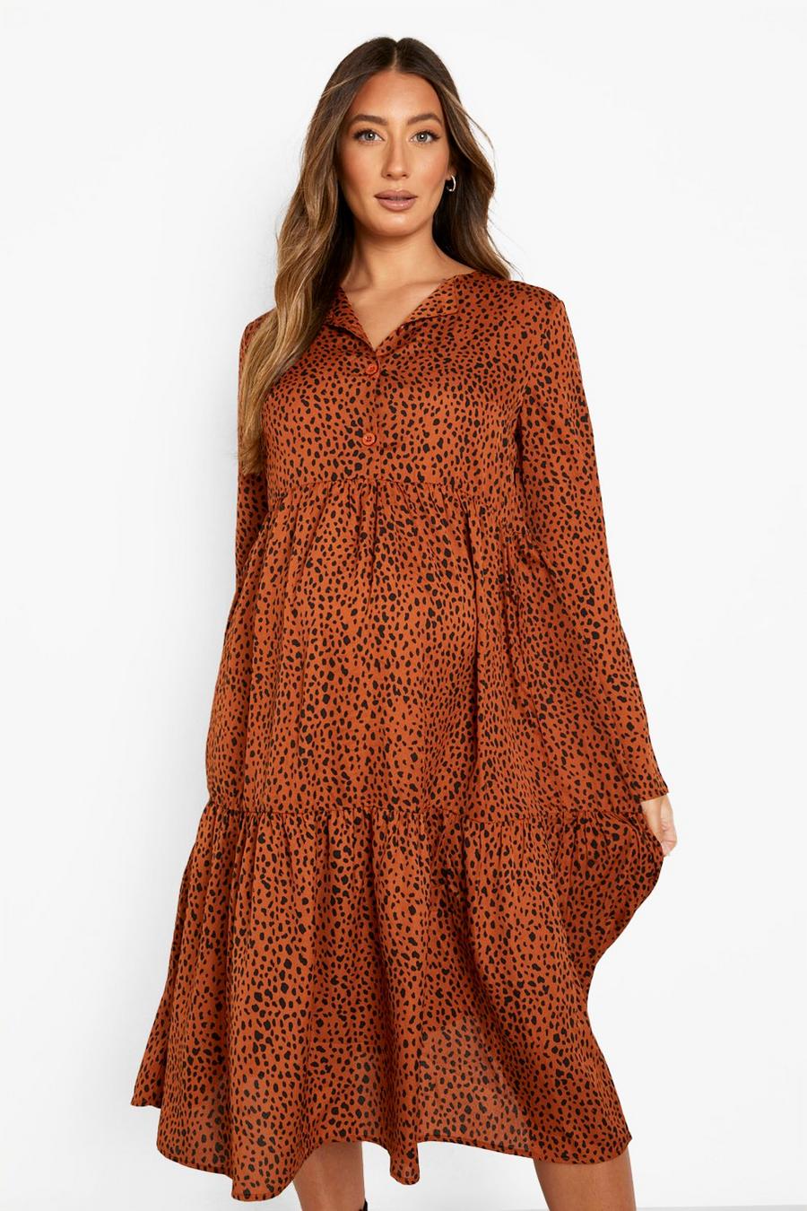 Rust Maternity Button Front Midi Smock Dress image number 1