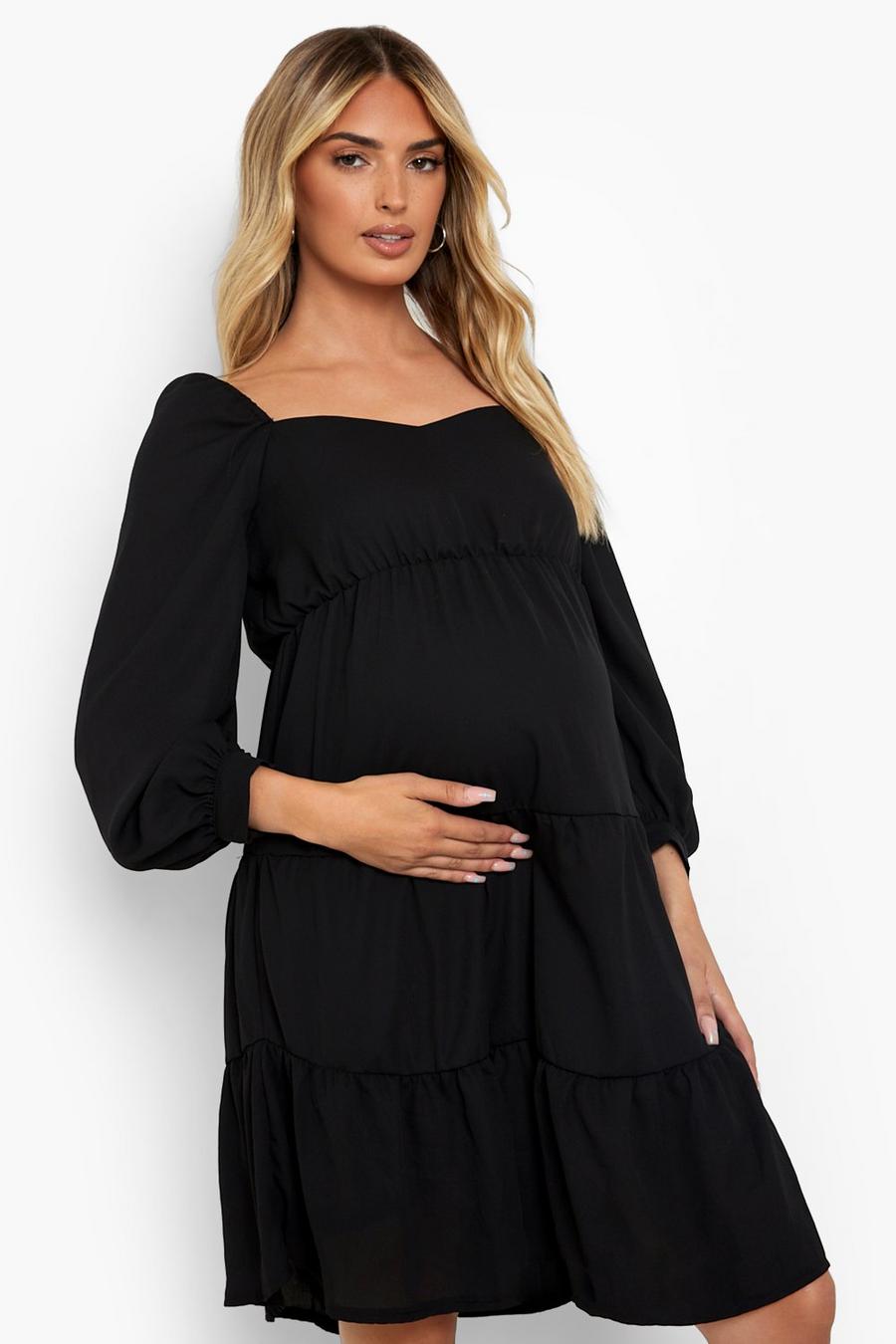 Black Maternity Sweetheart Neck Chiffon Smock Dress image number 1