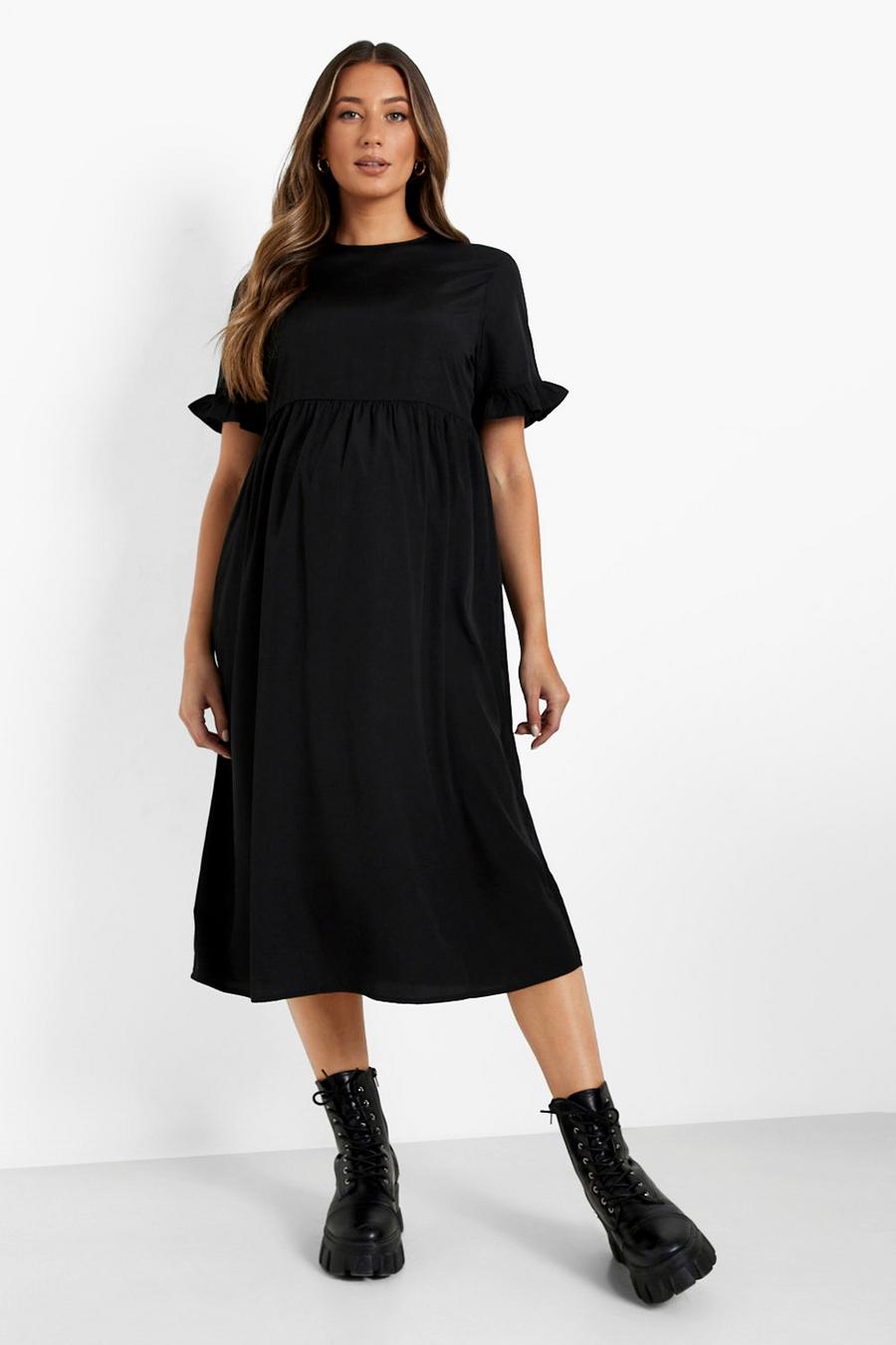 Black Maternity Frill Sleeve Midi Smock Dress image number 1