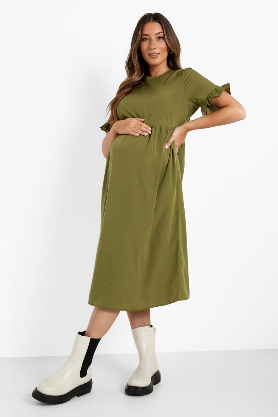 Khaki Maternity Frill Sleeve Midi Smock Dress image number 1