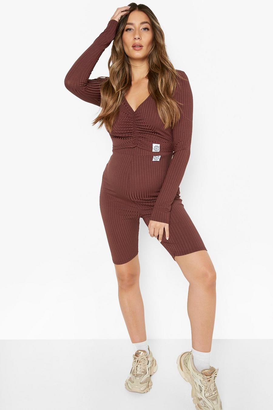 Chocolate brown Maternity Tab Detail Ruched Short Set