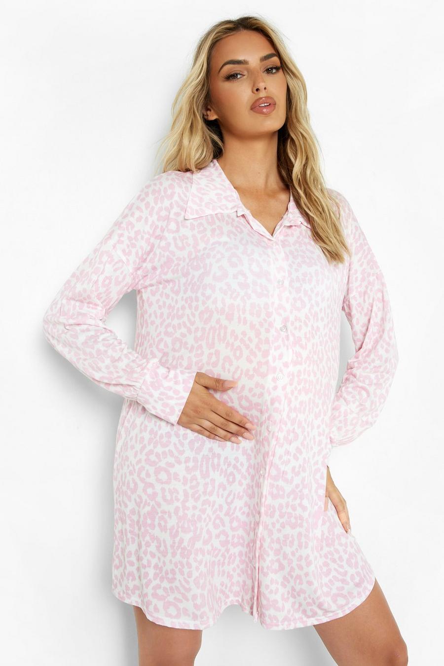 Baby pink Maternity Leopard Button Front Sleep Shirt image number 1