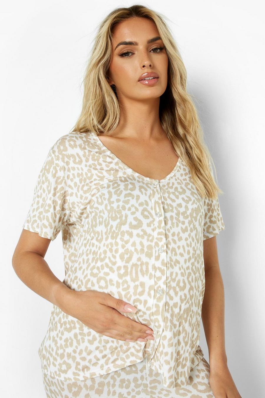 Stone Maternity Leopard Button Front Nursing Top image number 1