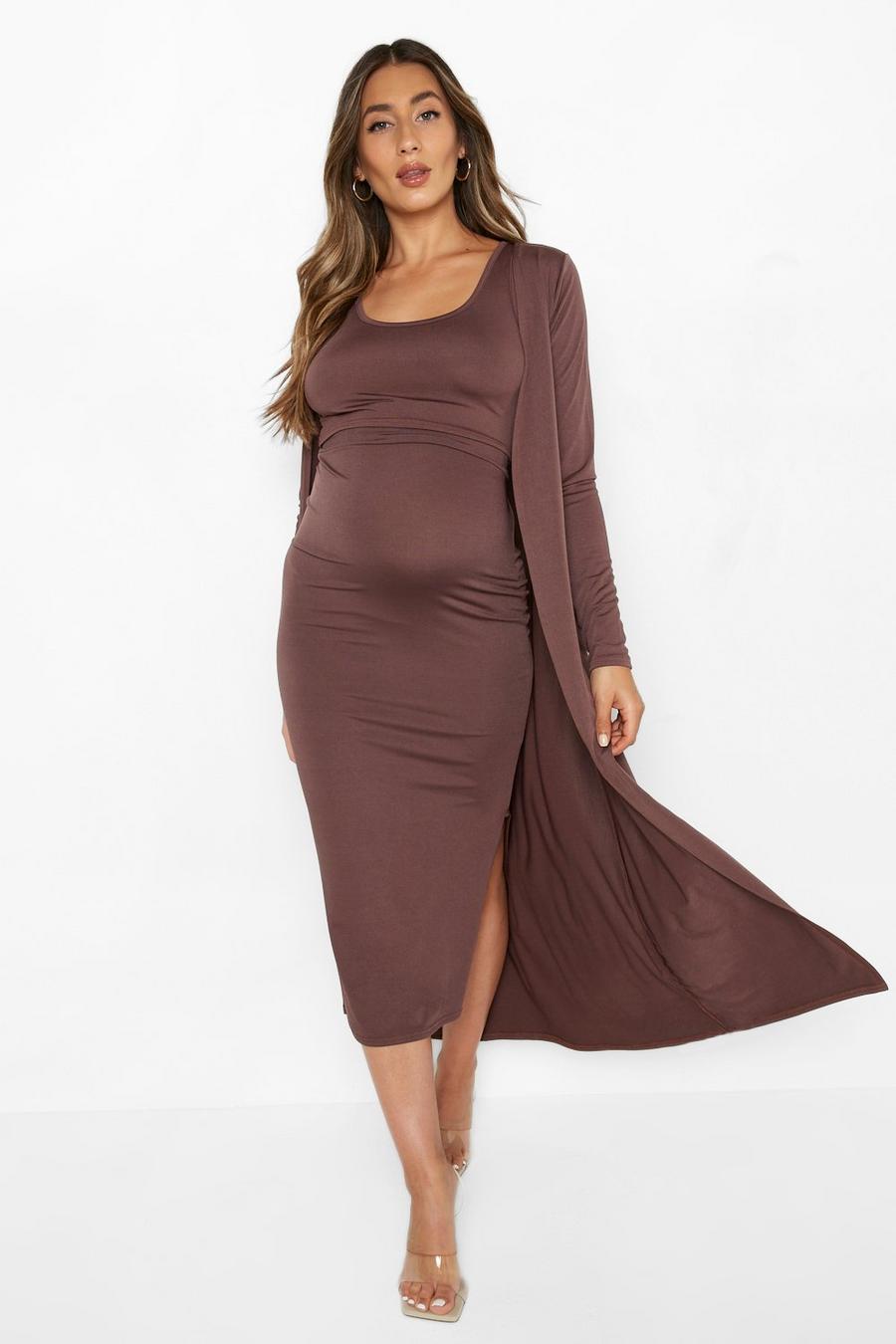 Chocolate brown Maternity Slinky Midaxi Dress Duster Coat