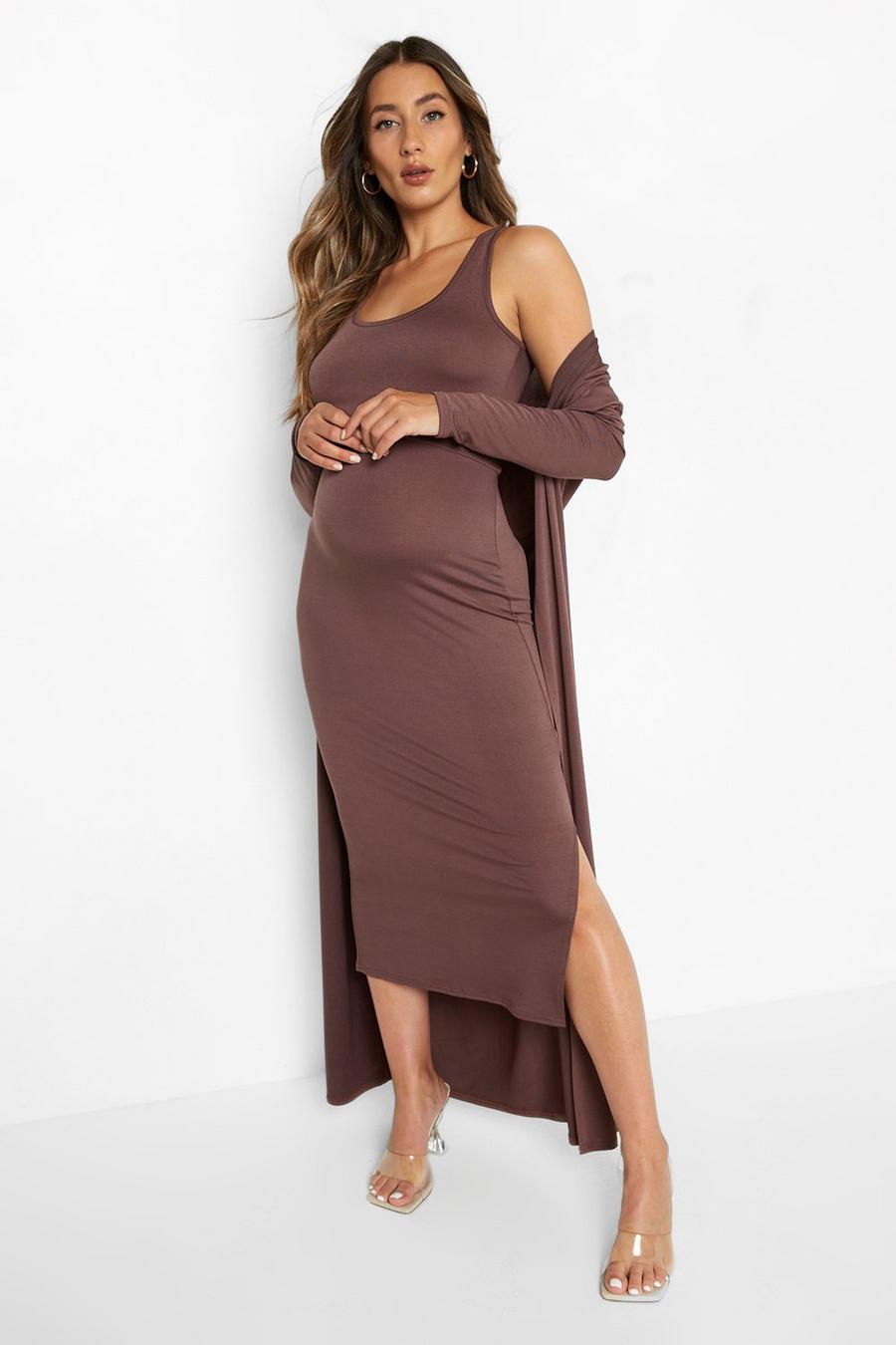 Chocolate Maternity Slinky Scoop Neck And Midi Set image number 1