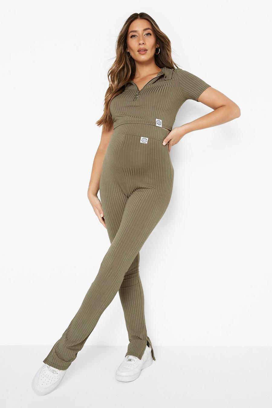 Light khaki Maternity Rib Zip Crop And Legging Set image number 1