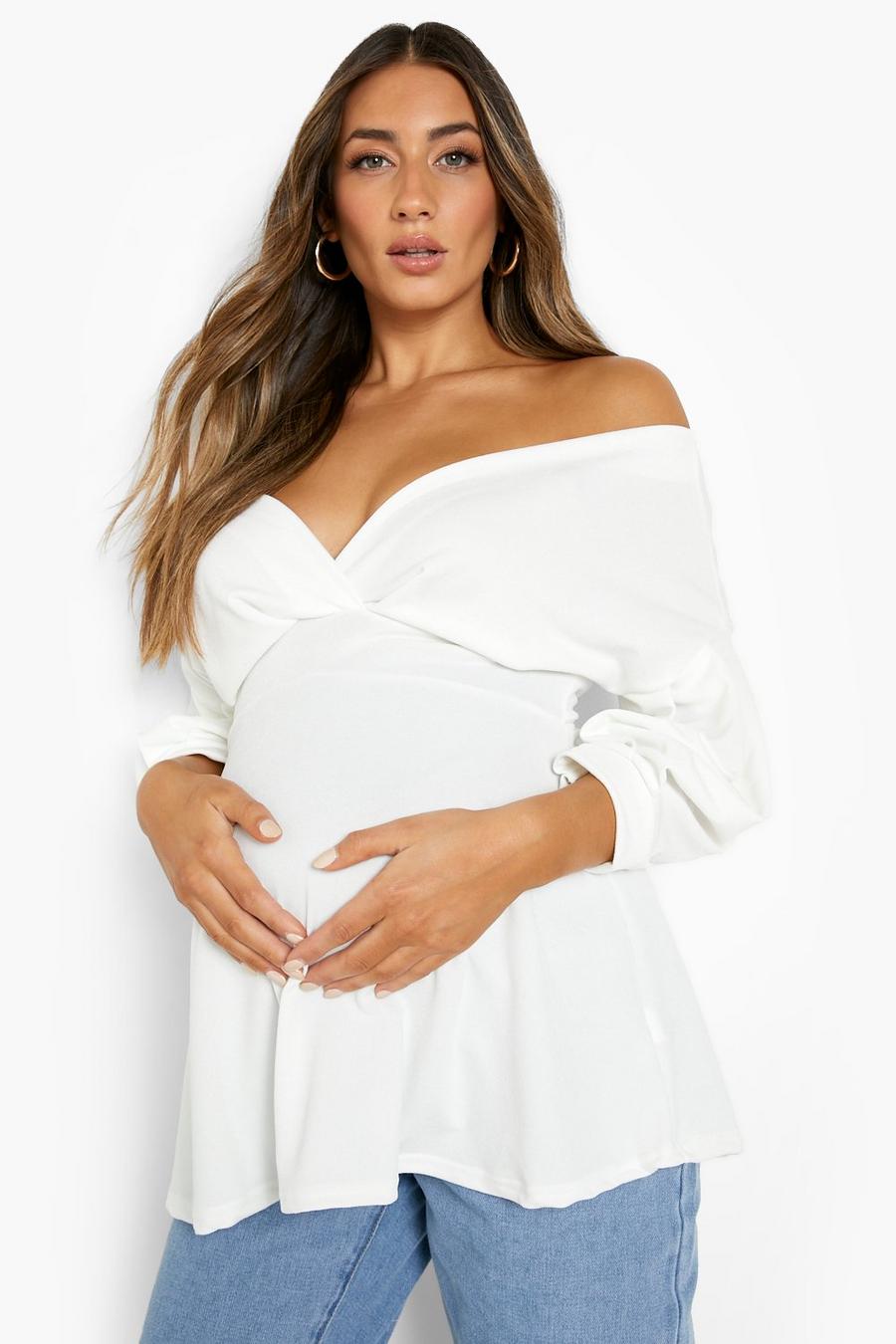 White Maternity Crepe Off The Shoulder Peplum Top image number 1