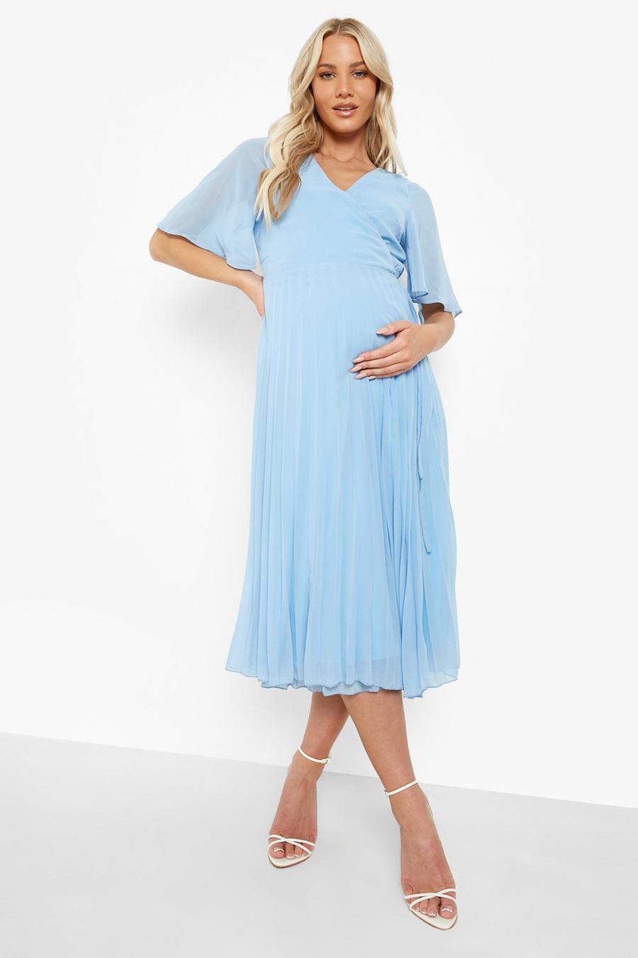 Baby blue Maternity Wrap Pleated Skater Midi Dress