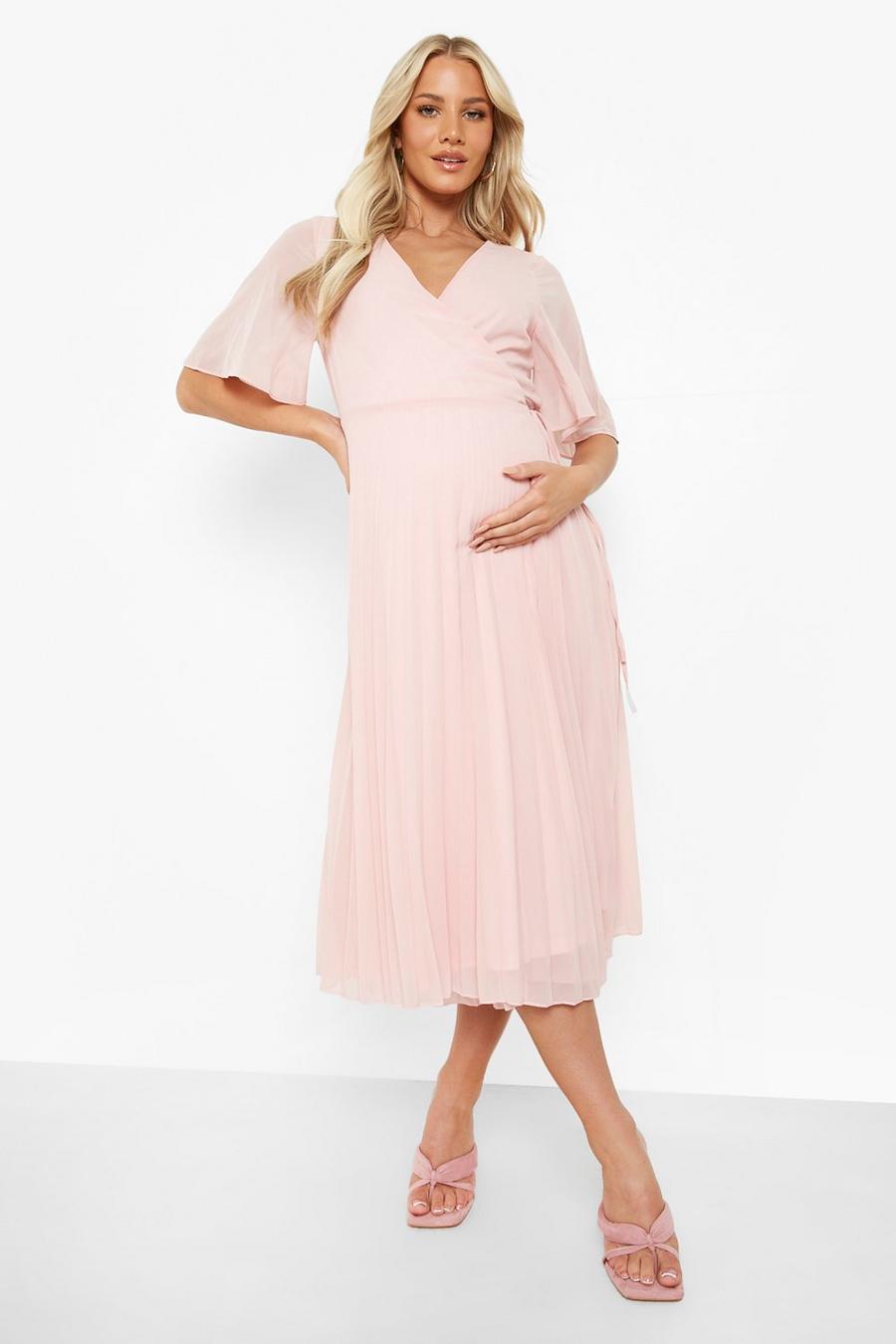 Baby pink rosa Maternity Wrap Pleated Skater Midi Dress