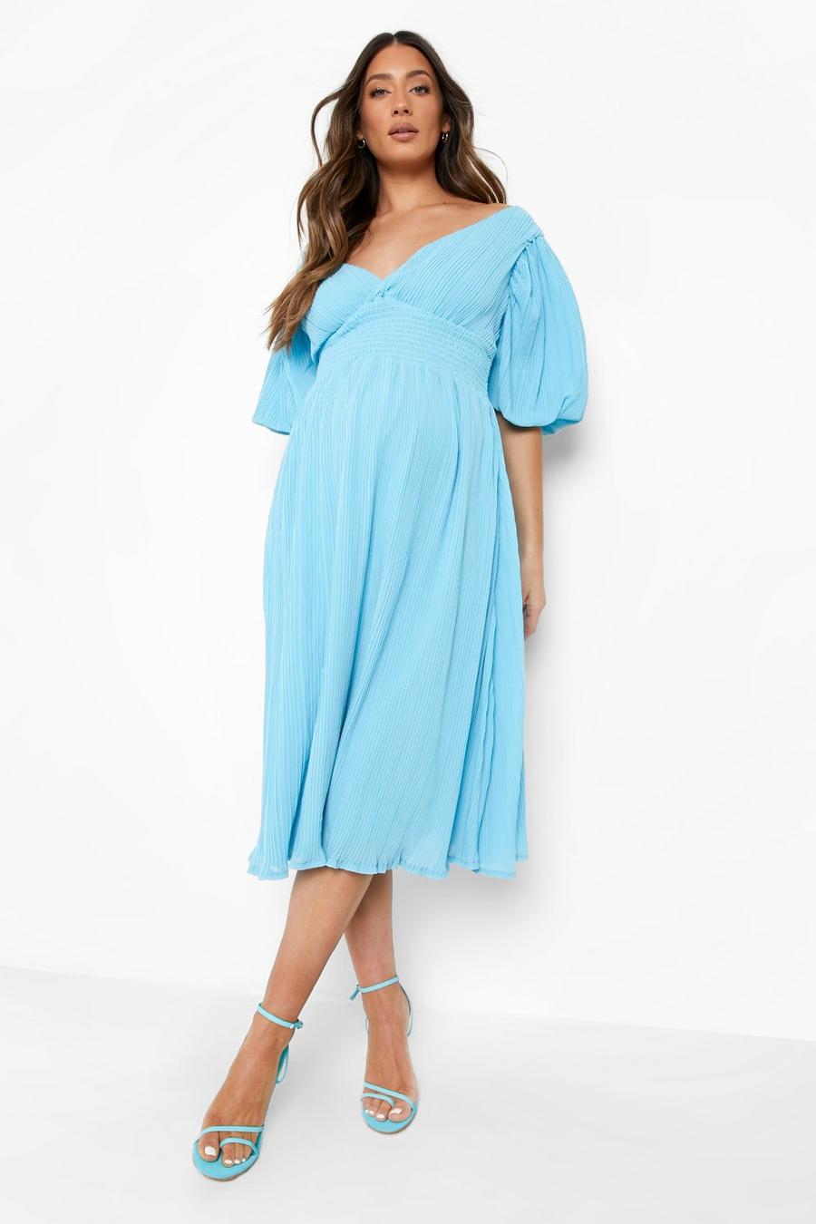Baby blue Maternity Pleated Off The Shoulder Midi Dress image number 1