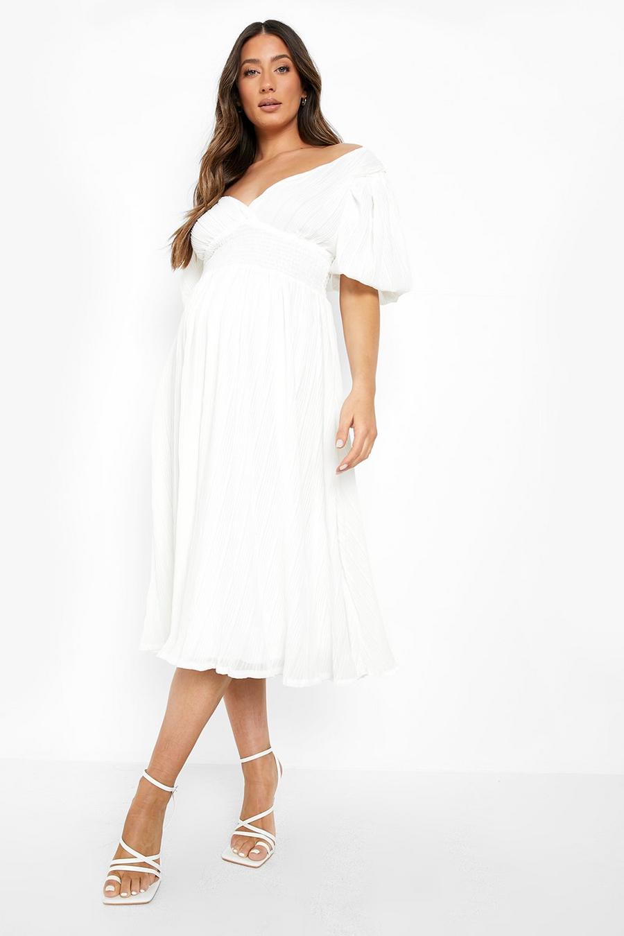 White Maternity Pleated Off The Shoulder Midi Dress image number 1
