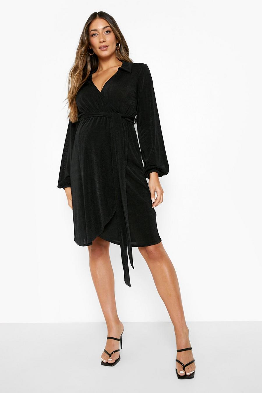 Black Maternity Collared Wrap Dress image number 1