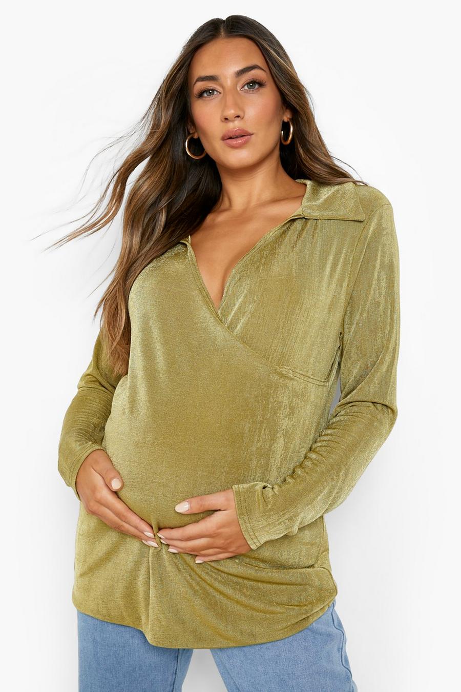 Khaki Maternity Wrap Longline Shirt image number 1