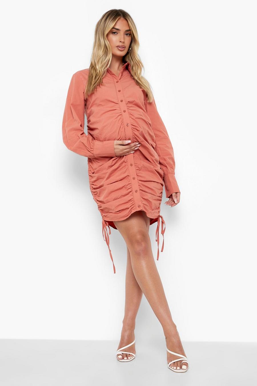 Rust Maternity Cotton Ruched Shirt Dress image number 1