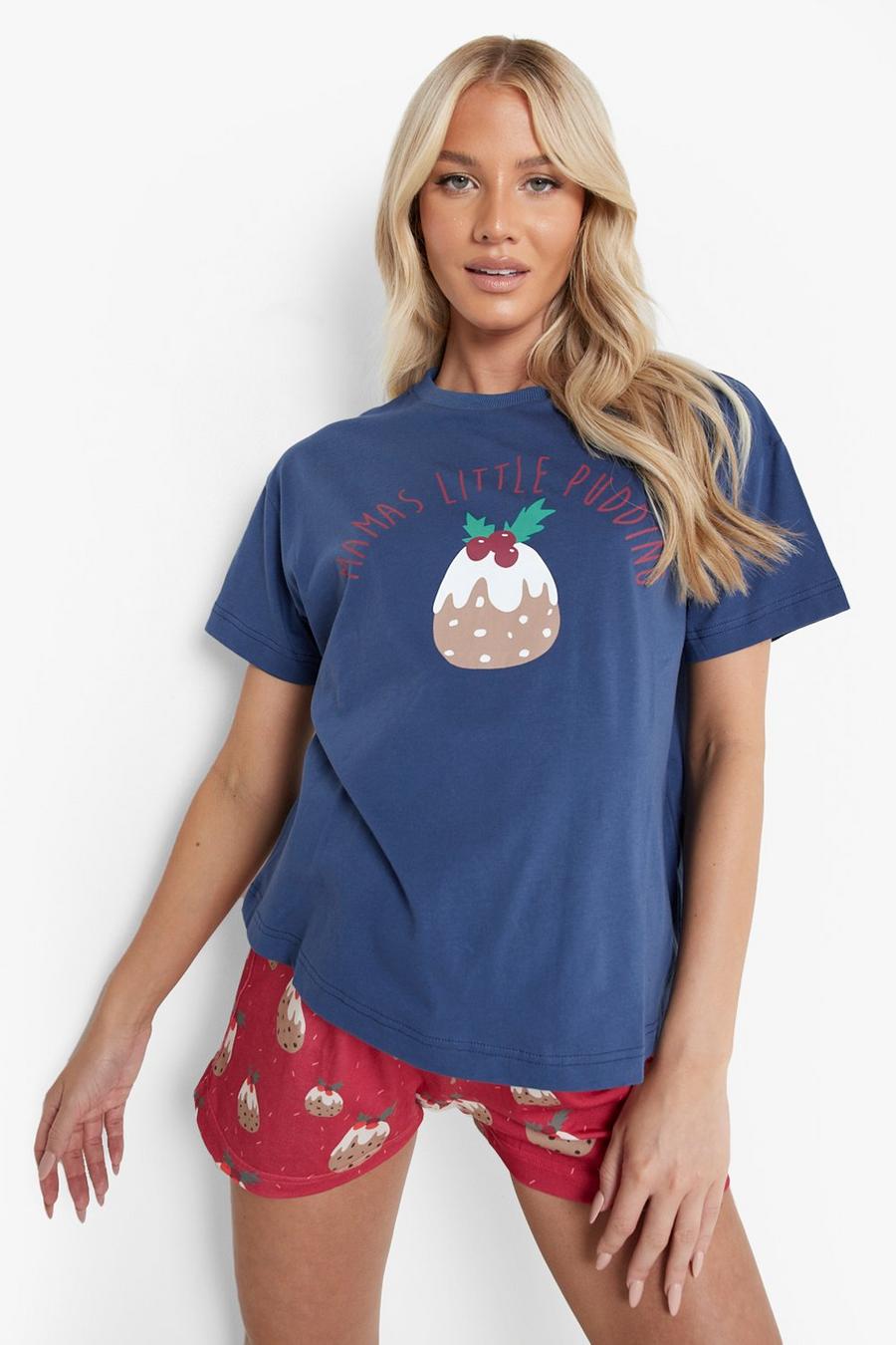 Set pigiama natalizio Premaman con scritta Little Pudding, Navy blu oltremare image number 1