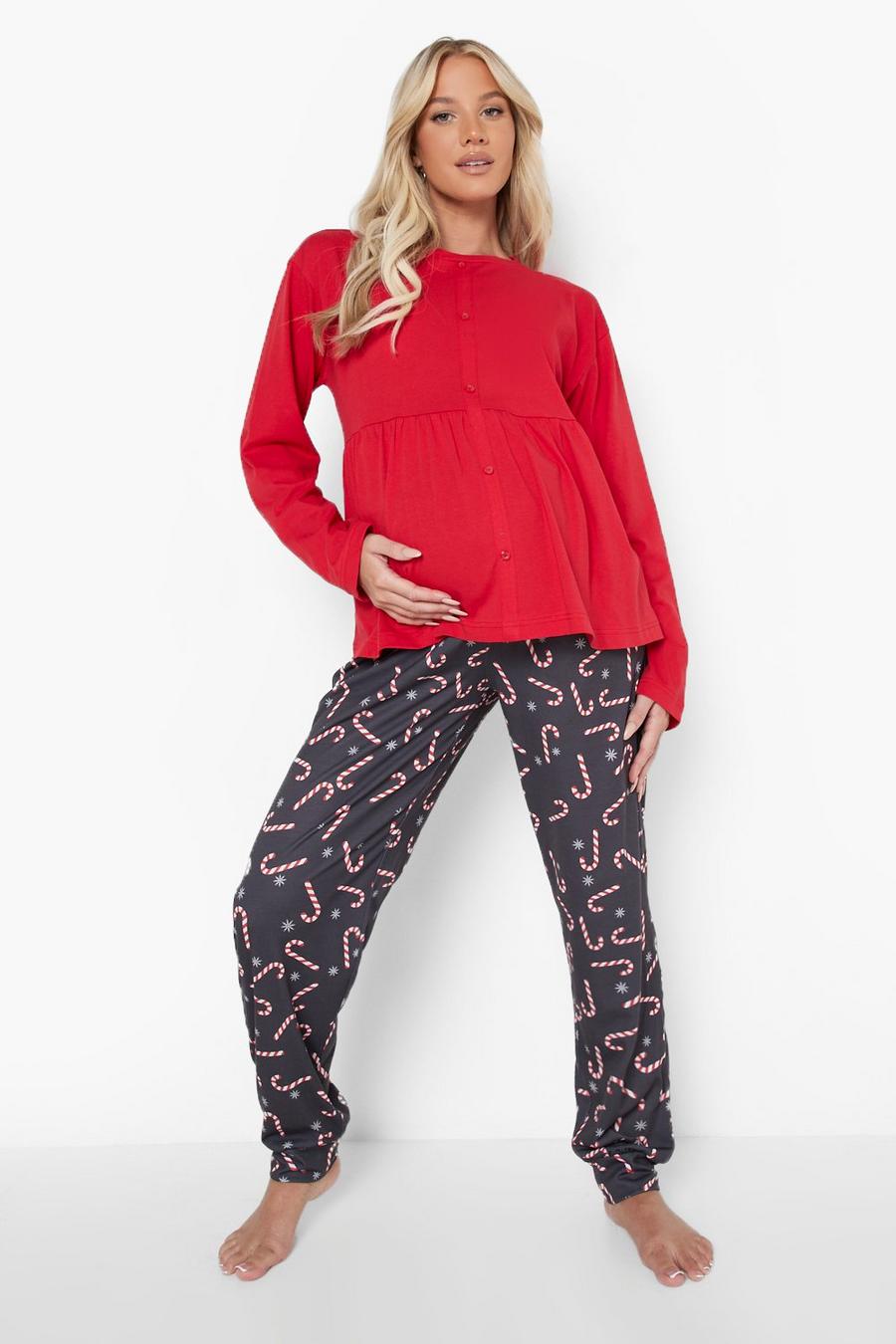 Red Zwangerschap Kerst Zuurstok Borstvoeding Pyjama Set image number 1