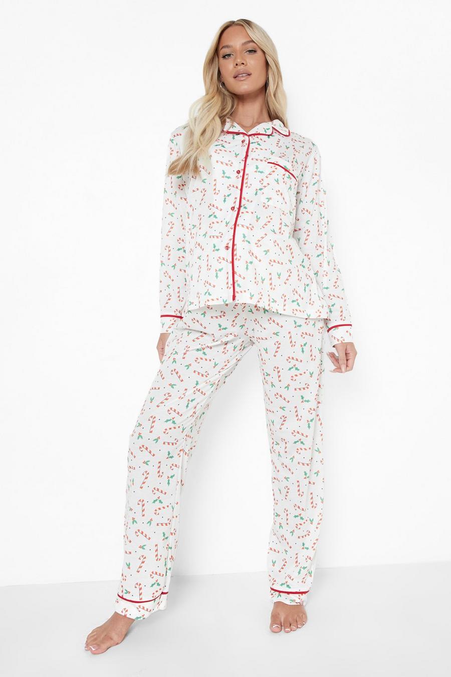 White Zwangerschap Kerst Zuurstok Pyjama Set Met Knopen image number 1