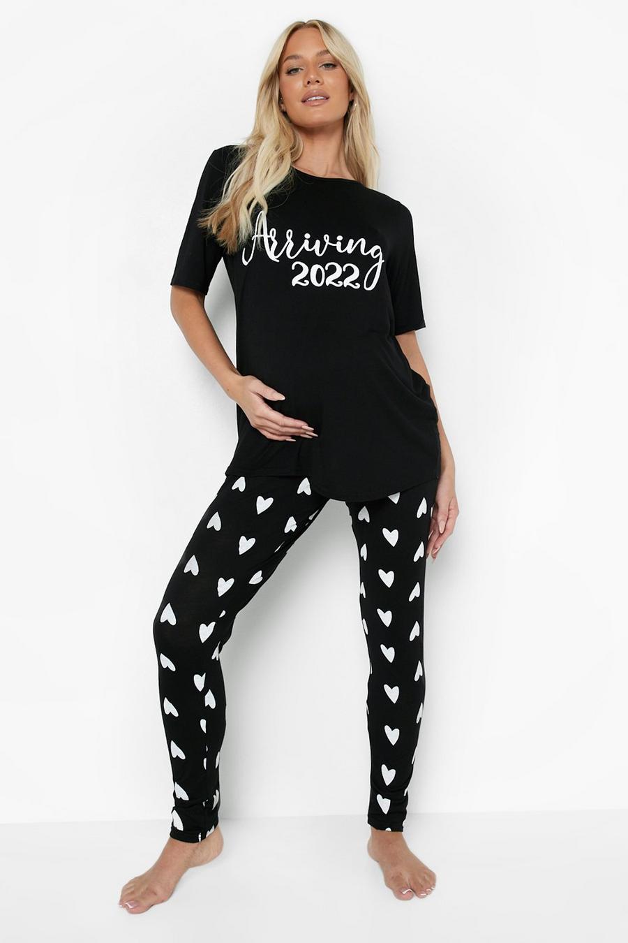 Set con pantaloni pigiama Premaman con scritta Arriving 2022, Black image number 1