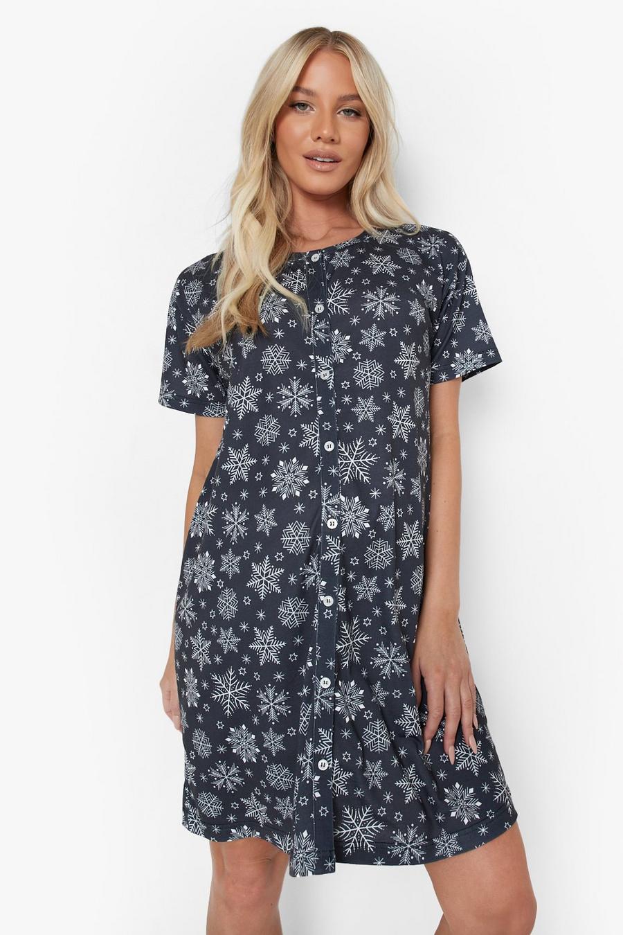 Navy Maternity Christmas Snowflake Button Nightgown image number 1