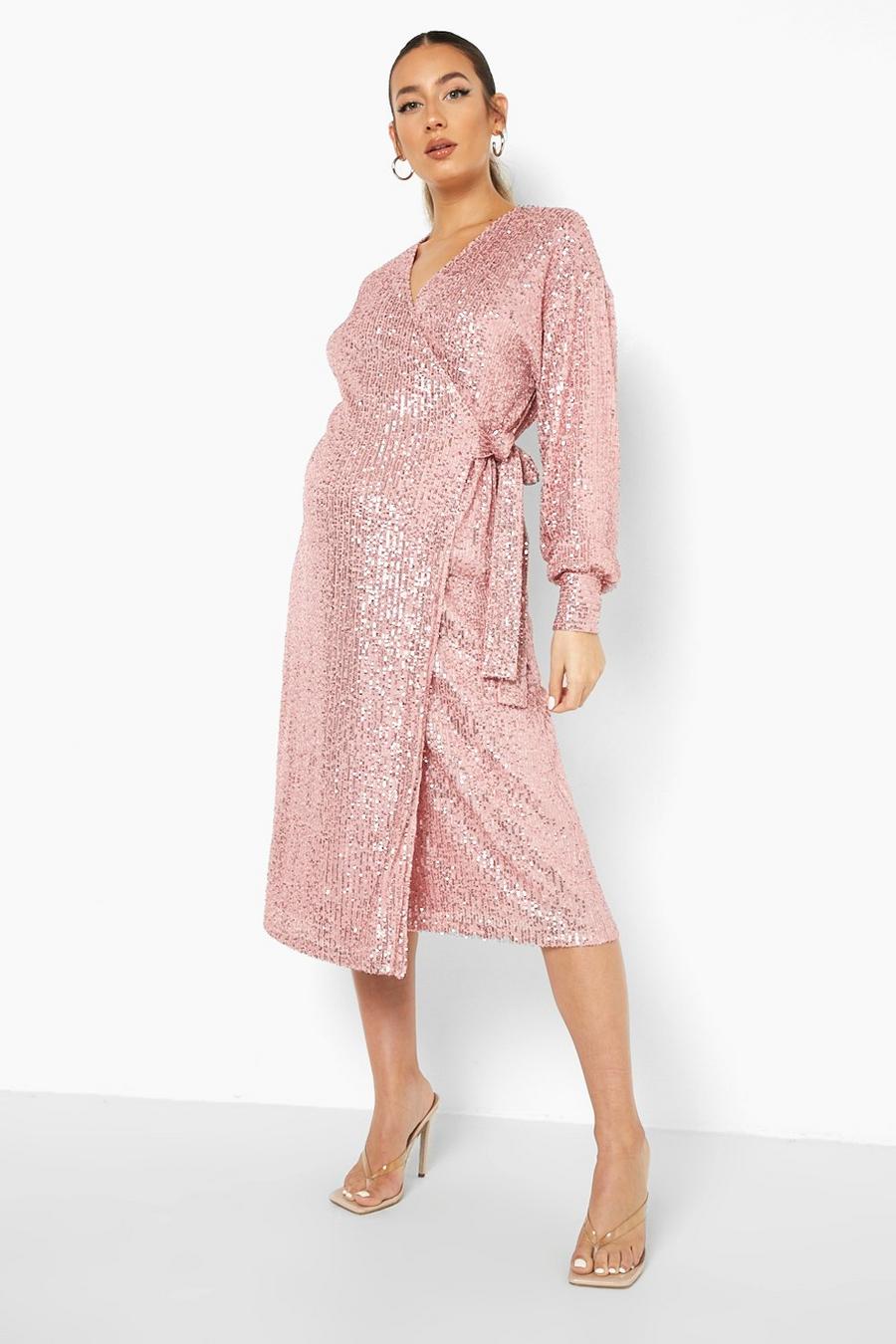 Blush pink Maternity Sequin Wrap Midi Dress