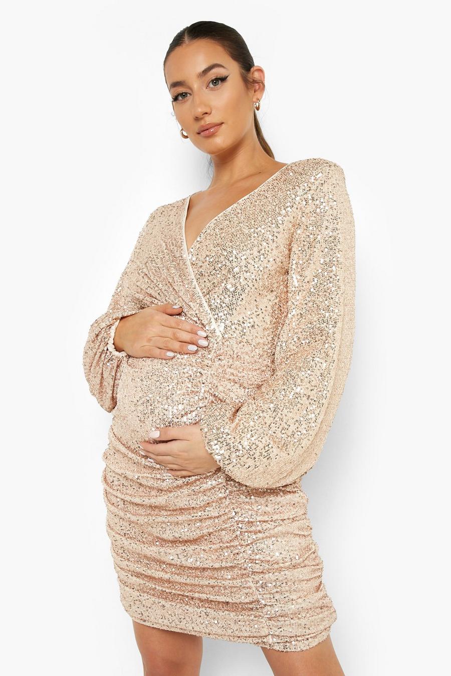Gold Maternity Sequin Balloon Sleeve Mini Dress image number 1