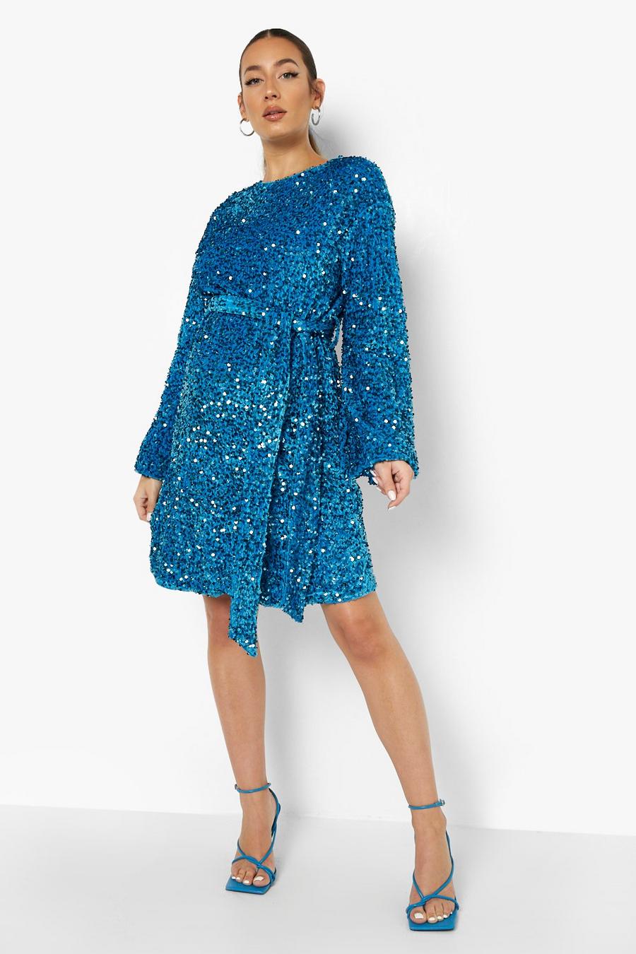 Teal Maternity Sequin Tie Waist Shift Dress image number 1