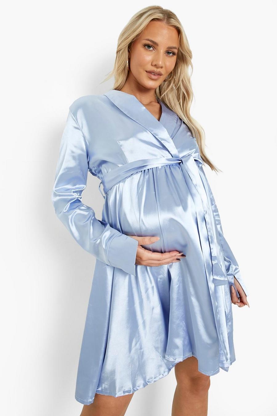 Blue Maternity Satin Collared Wrap Skater Dress image number 1