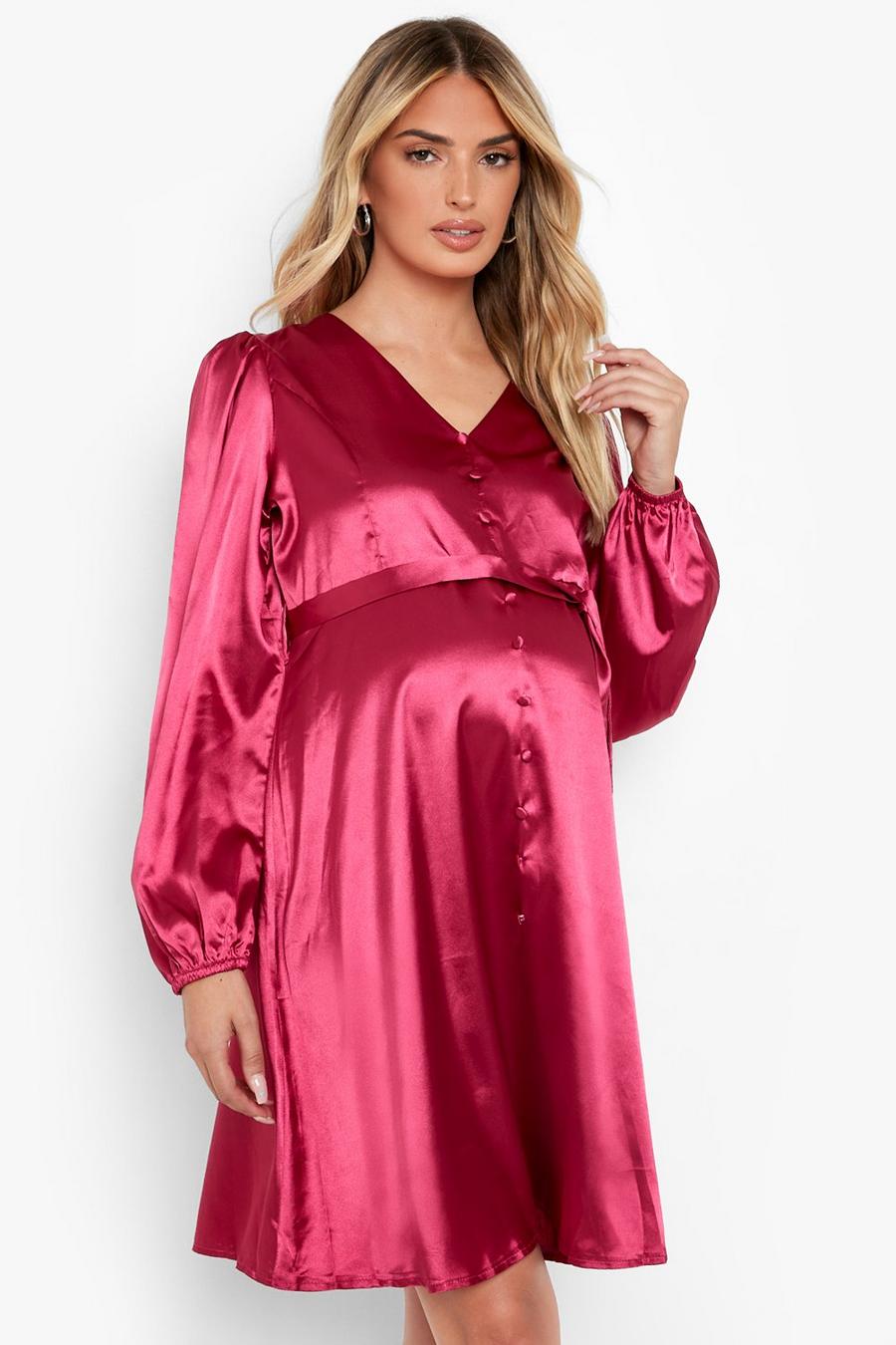 Wine Maternity Button Front Skater Dress image number 1