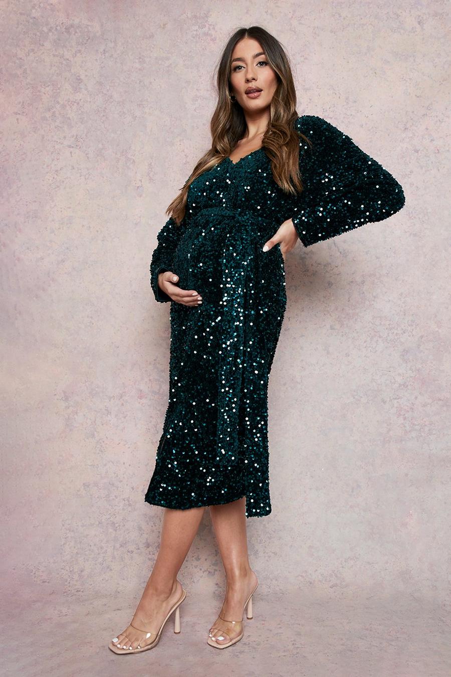 Emerald Maternity Plunge Velvet Sequin Midi Dress