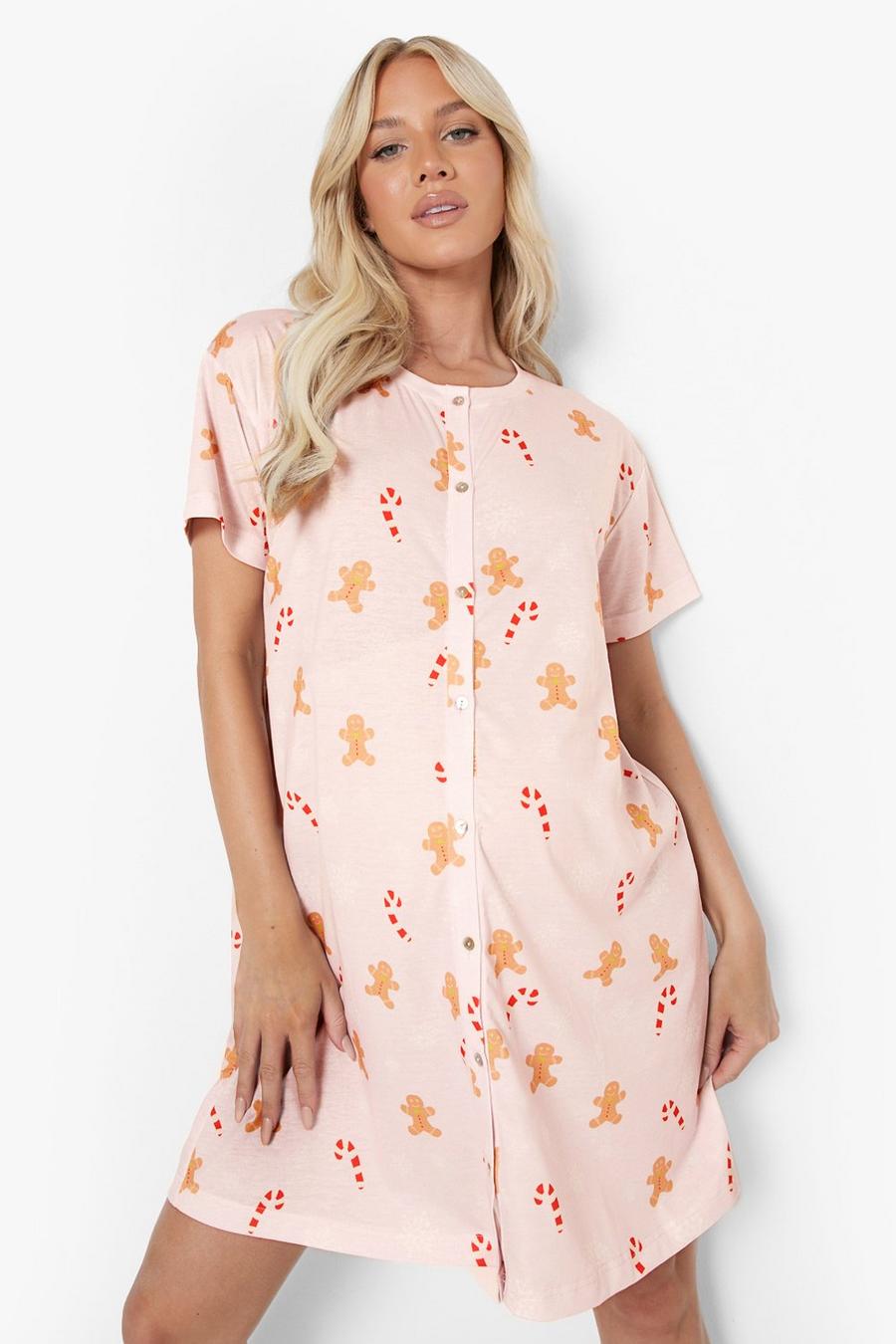 Pink Maternity Christmas Print Button Nightgown image number 1